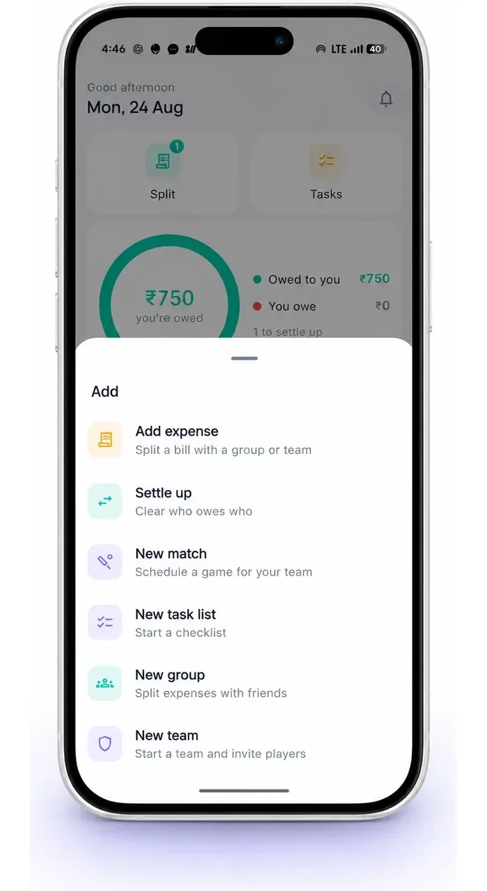 The NikiPri add sheet, offering Add expense to split a bill with a group or team, and Settle up to clear who owes who