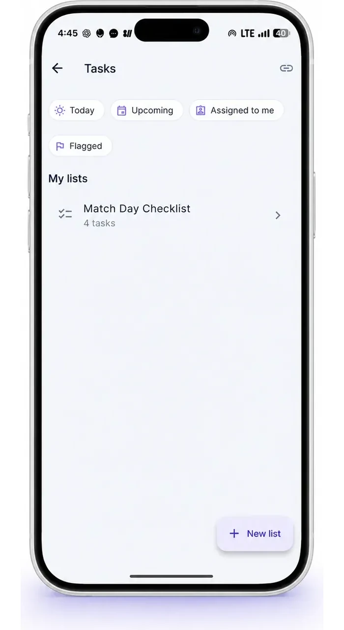The NikiPri tasks screen, with Today, Upcoming, Assigned to me and Flagged views above a Match Day Checklist list